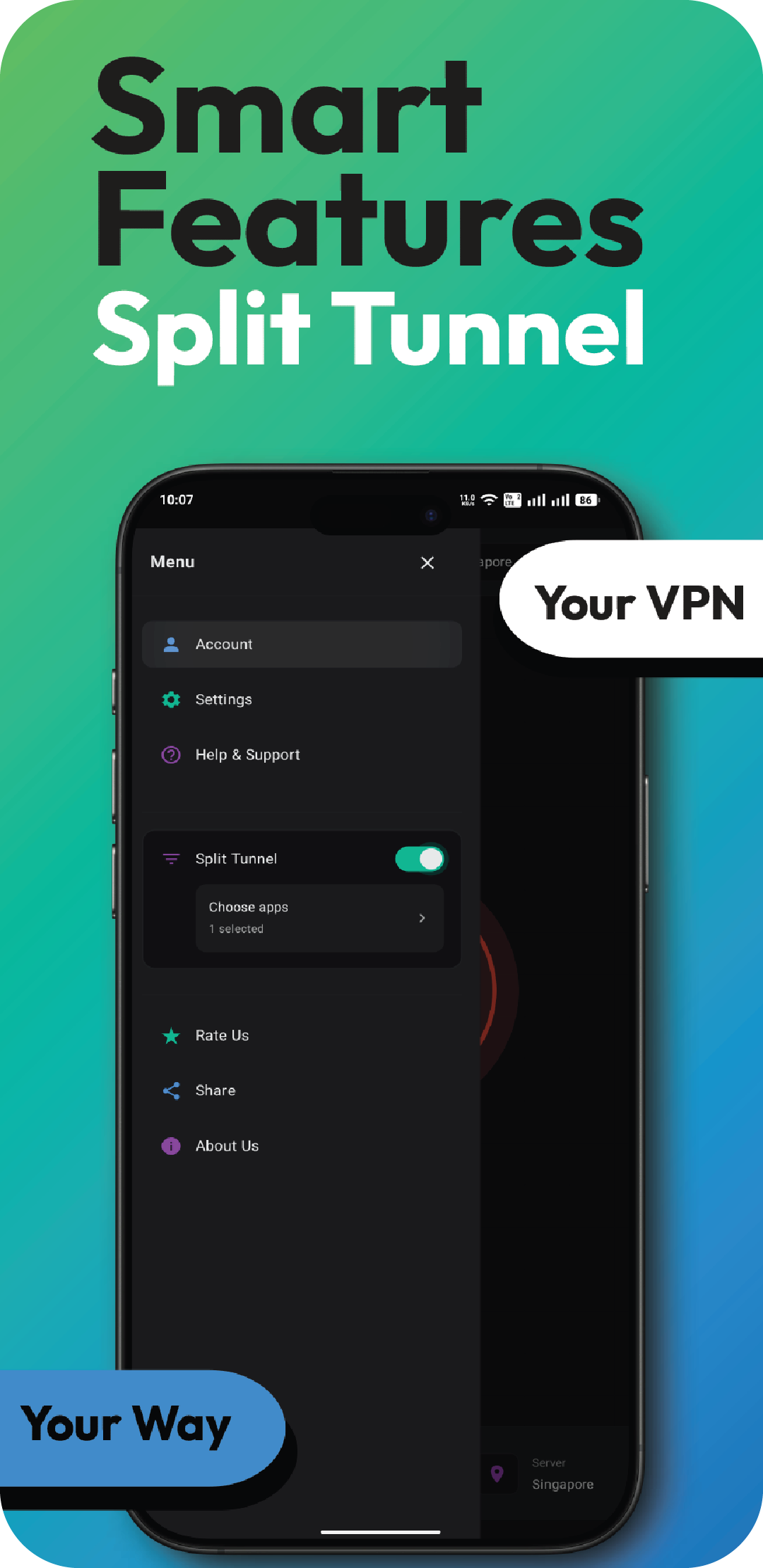 SafeVia Google Play image showing split tunnel controls
