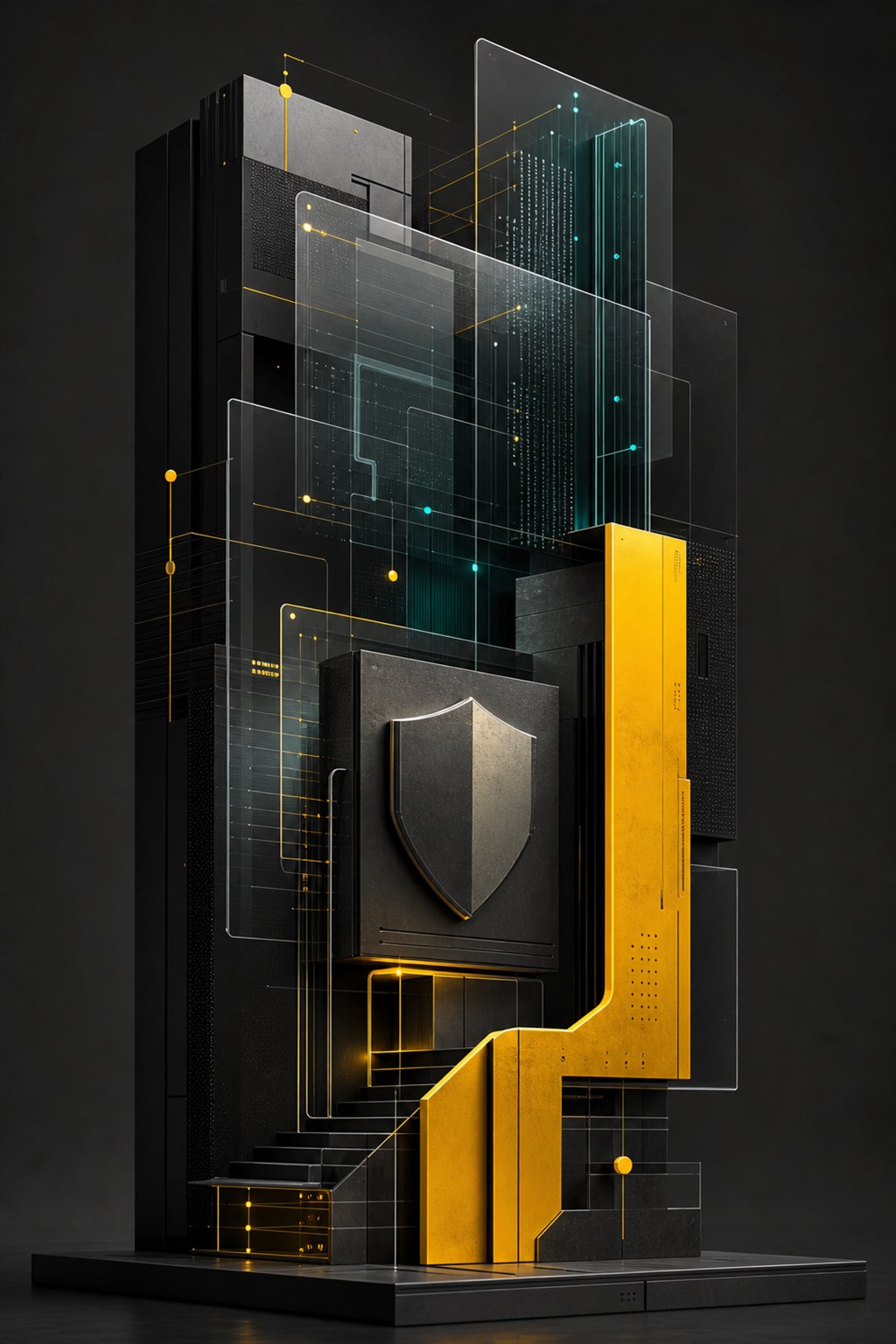 Abstract black, yellow, and teal architecture with connected panels and a shield